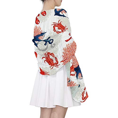 Navy Blue Red Lobster Corals Reef Seamless On White Women Long Silk Scarf, Shawl Chiffon Large Stole Headscarf, Lightweight Sunscreen Satin Scarves Wraps for Wedding Party Gift4