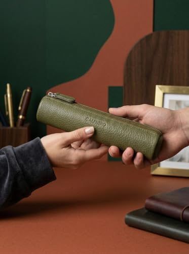 Image of Calfnero Genuine Leather Pen-Case for Men & Women | Premium Green Leather Pencil-Pouch with Zipper | Cylindrical Pen-Holder Organizer for Pen, Pencils & Stationery | Unisex Pen-Sleeve