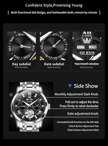Image of OLEVS Mens Automatic Mechanical Watch Skeleton Tourbillon Luxury Dress Stainless Steel Wrist Watch