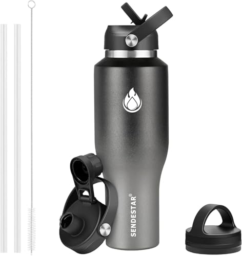 Image of SENDESTAR 32oz Stainless Steel Water Bottle (Cold for 48 Hrs, Hot for 24 Hrs),Double Wall Vacuum Insulated Bottle with Straw Lid, Spout Lid and Flex Cap, Fit in Any Car Cup Holder