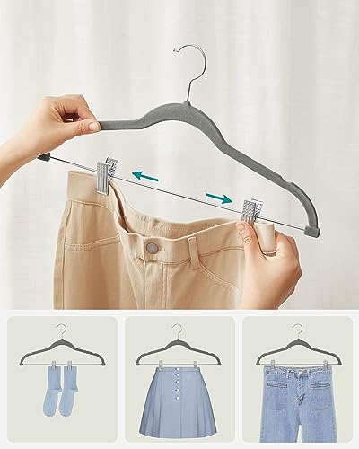 Image of SONGMICS Set of 10 Velvet Trouser Hangers with Adjustable Clips | Non-Slip, Space-Saving, 42.5 cm Long, for Skirts, Coats, Dresses, Grey, Hangers, Trouser Hanger CRF012G10