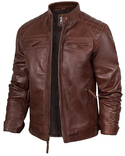 fjackets Real Lambskin Mens Leather Jackets - Quilted Cafe Racer Zip Up Moto Style Leather Jacket Men