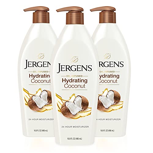 Jergens Hydrating Coconut Body Lotion, Dry Skin Moisturizer Infused with Coconut Oil, Hydrates Dry Skin Instantly, Dermatologist Tested, 16.8 Ounce (Pack of 3) (Packaging May Vary)