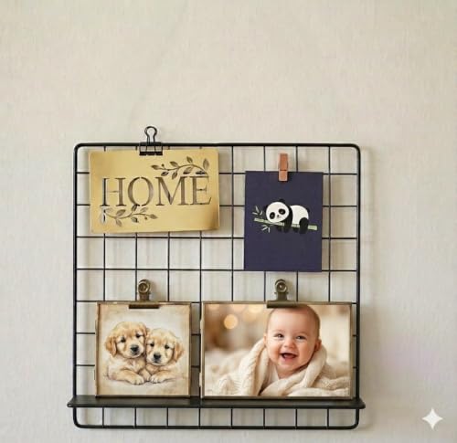 Image of Metal Wire Grid Photo Display Frame for Wall, 30 x 30 cm Iron Mesh Memo Board | Wall Hanging Picture Organizer | Photo, Postcard, Note & Artwork Display Grid for Bedroom, Office & Home Decor (Black)