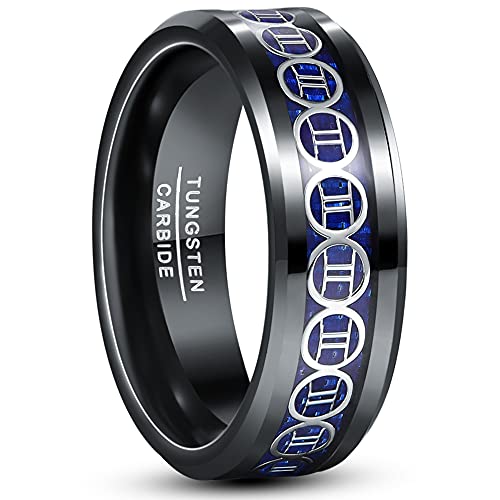 Corato Mens 8mm Gemini Horoscope Black Tungsten Rings Inlaid with Blue Carbon Fiber Partner Ring Polished Beveled Edge Size 8