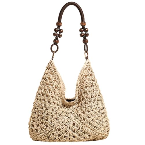 Bolso de playa para mujer, tote con cierre magnético y asa con cuentas, diseño bohemio tejido a mano en ratán, ideal para viajes, citas y compras miniatura 1