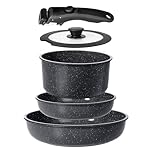 GiPP Pots and Pans Set Non Stick,5PCS Grey Granite Nonstick Cookware Sets with Detachable Handle,Induction Kitchen Set Removable Handle,RV Cookware Set,PFOA Free (Grey,5PCS)