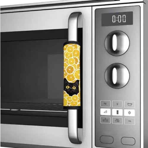 Image of Refrigerator Door Handle Covers Set of 6 Kitchen Electrical Appliance Decor Handles Keep Clean Anti-Slip Fridge Accessories Summer Home Decor, Black Cat Lemon Yellow