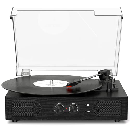 Vinyl Record Player with Built-in Speakers 3-Speed Vintage Record Player Support Treble& Bass Control, 3.5mm Headphone Jack, RCA-Out/Aux in, Belt-Driven LP Turntable,Black Wood