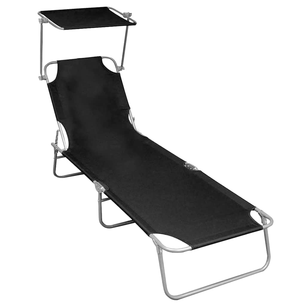 Składany leżak do opalania z daszkiem przeciwsłonecznym, czarny, aluminium, leżak relaksacyjny do ogrodu, na balkon, basen, plażę, kemping i wellness, regulowane oparcie i ochrona przed