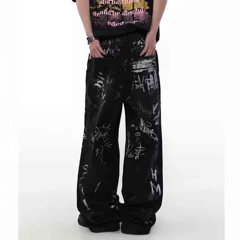 BXCNCKD Unisex Graffiti Letter Printed Jeans Street Trendy Loose Wide Leg Straight Pants3