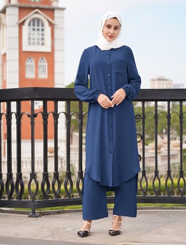 Image of IDOPIP Abaya Dress for Women Muslim Set Long Sleeve Chiffon Islamic Dress Shirt with Pants 2PCS Dubai Prayer Casual Clothes