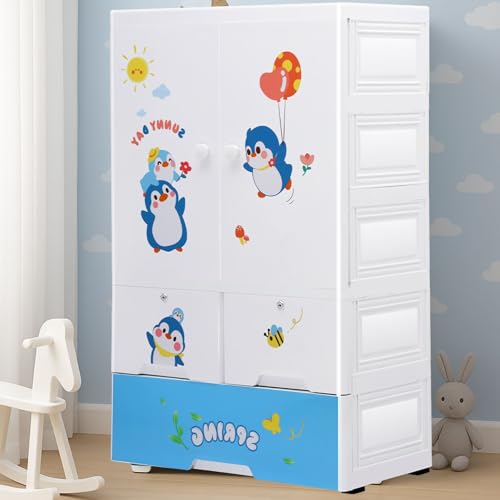 Image of Little Olive Penguin Kids Wardrobe | Multi Drawer Plastic Storage Cabinet | Collapsible Cartoon Print Organizer for Children Room (65 X 38 X 130 Cm) Light Blue