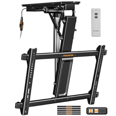 Perlegear Electric Ceiling TV Mount with Remote for 32-70 inch Flat and Curved Screen TVs, Motorized TV Ceiling Mount Flip Down for Flat Roof, Drop Down Ceiling Mount