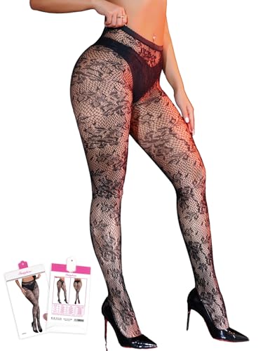 comeondear Plus Size Lace Tights for Women L-XXL Curves Friendly Black