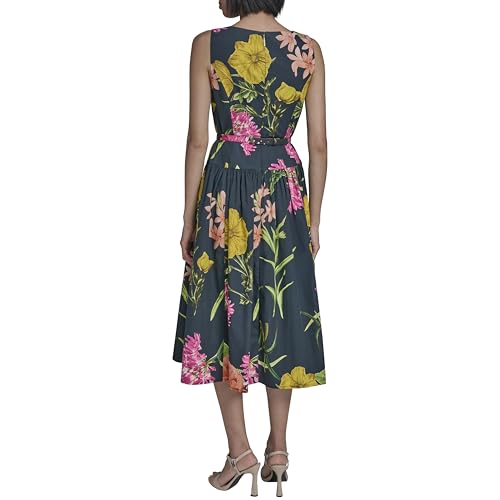 Image of Karl Lagerfeld Women's Sleeveless Boat Neck Drop Waist Belted Midi Dress