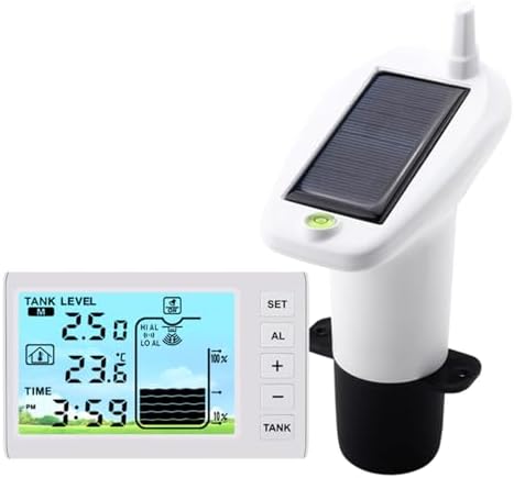 Wireless Ultrasonic Water Level Monitor Tank Liquid Level High/Low Alarm Solar Powered Water Level Sensor Water Level Indicator Gauge IP65 Waterproof