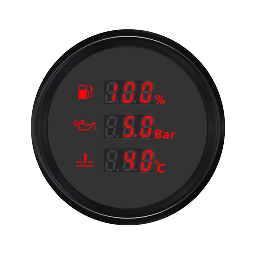 ELING Misuratore digitale multifunzione da 52 mm con indicatore di livello del serbatoio del carburante, pressione dell'olio, indicatore della temperatura dell'acqua 12 V 24 V con retroilluminazione a