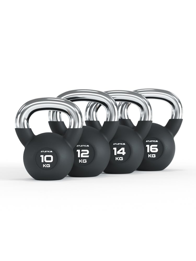 ATLETICA Kettlebell zestaw startowy | 10, 12, 14, 16 kg | gumowane hantle kulkowe z chromowanym uchwytem | wysokiej jakości stop stali | jakość studyjna | funkcjonalny trening całego ciała