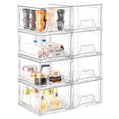 Image of Stebopum 8 Pack Stackable Makeup Organizer, 4.4'' Tall Acrylic Bathroom Makeup Organizer and Storage Drawer with Pull-out Handle, Clear Plastic Storage Bins for Vanity,Pantry,Desk,Undersink,Kitchen