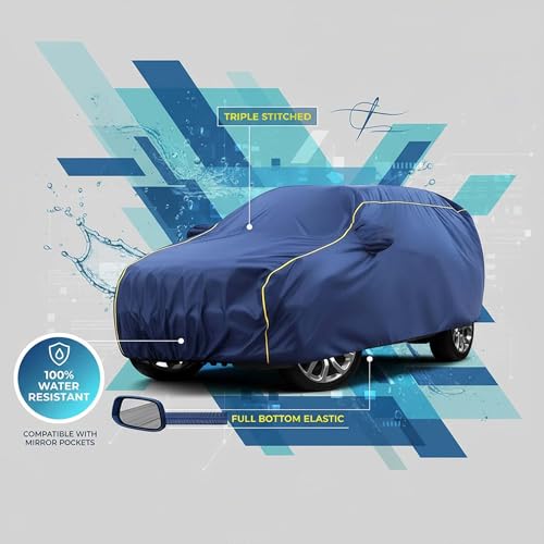 Image of Sulfar 100% Water Resistant Car Body Cover Compatible with Mirror for Mahindra Bolero (Triple Stitched, Full Bottom Elastic, Blue Taffeta with Yellow Piping)