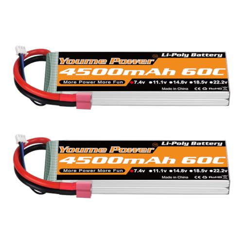 Youme 2S LiPo Akku, 7.4V RC Lipo Akkus 4500mAh 60C mit Dean-Style T Anschluss für RC Heli Flugzeug Quadcopter Hubschrauber Multi-Motor Hobby DIY Teile(2 Packungen)