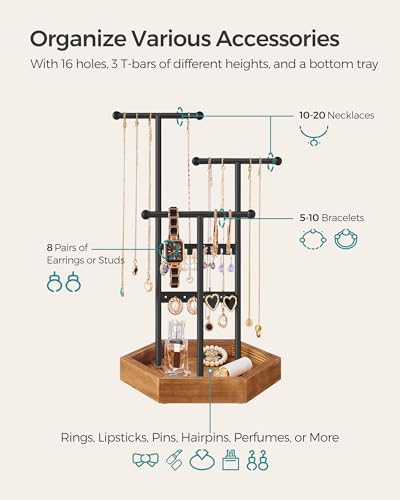 SONGMICS Jewelry Holder, Jewelry Organizer, 3 Tiers and 1 Tray, Jewelry Display Stand with Metal Frame, Necklace Earring Bracelet Holder, for Rings, Ink Black and Caramel Brown UJJS03CB3