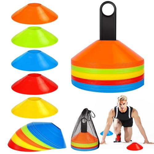TEGOVE Plots de Marquage pour Football Cône,50 Plots Entrainement, Plots De Marquage pour Football Cône,Plots Sport avec Poignée de Transport Et Sac en Filet,pour...