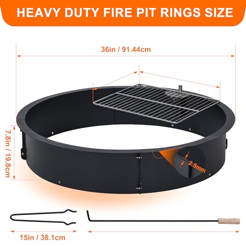 Fire Pit Ring with Grill-Grate, Firepit Cooking Ring 2.5MM Steel Heat-Resistant Large Fire Pit Insert Round, Above/In Ground Fire Pit, for Camping Garden Backyard, 36" x 36" x 7.8"