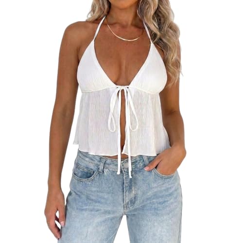 Women Sexy Tie Front Crop Top Halter Neck Flowy Y2k Cute Summer Going Out Tops Split Cami Shirt (US Alpha Small Regular Regular White)