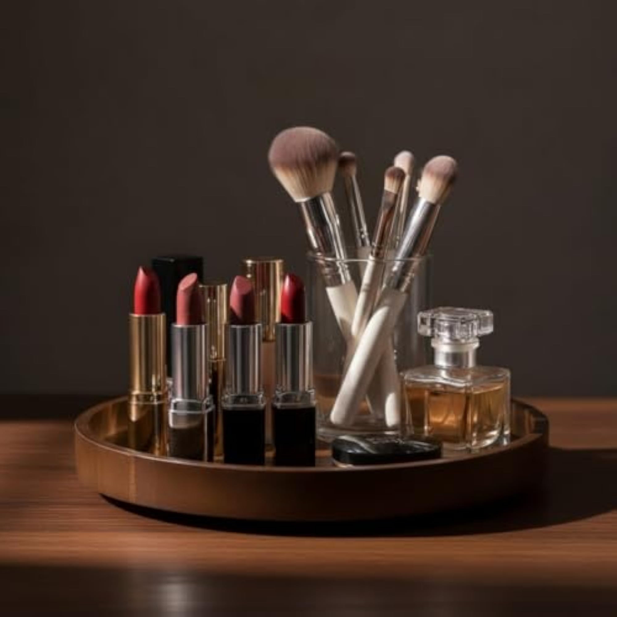 Rotating Wooden Organizer with Base, Round Makeup Tray