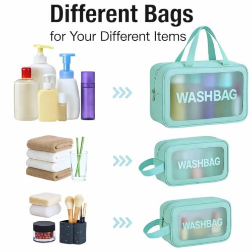 Image of Makeup Pouch Bag PVC Travel Toiletries Organizer Cosmetic Bags Wash Bag Pouch for Travel Kit Toiletry Bag Portable Organizer Case Carry Pouch for Women Bathroom Set of 3 (Green)