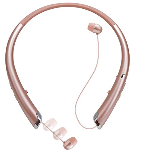 Bluetooth Retractable Headphones, Wireless Earbuds Stereo Headsets Neckband Earphone Noise Canceling with Mic Compatible with iPhone,Samsung,Android,iPad,PC(15 Hours Playtime) (Rose Gold)