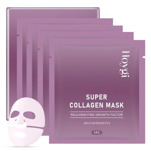 Collagen Maske, 4 Stück Bio Collagen Deep Hydration Mask, Intensive Feuchtigkeitszufuhr, Verbessert die Elastizität, Anti-Aging und Verjüngung Tuchmaske, Reduziert feine Linien und Falten