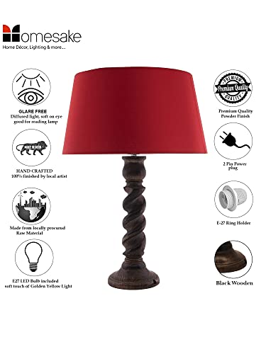 Image of Homesake Classic Twister Wooden Table Lamp with Fabric Shade | Handcrafted Bedside Lamp with E27 Holder| Bulb Included |Warm Light Night Lamp for Bedroom, Living Room, Study & Home Decor, Red