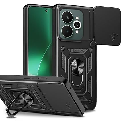Image of SPAZY CASE Realme 15 Back Cover | Heavy Duty Hybrid Case with 360 Degree Rotating Finger Ring Holder + Slider Shutter Camera Protection Case for Realme 15 - Black