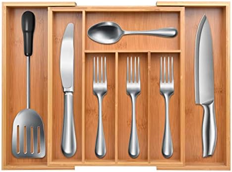 Lantaly 100% Pure Bamboo Expandable Drawer Organizer for Utensil, Cutlery and Utility, Adjustable Kitchen Drawer Divider, Premium Cutlery and Utensil Tray