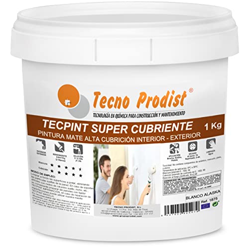 TECPINT Super Cubrient de Tecno Prodist-1 kg(BLANC ALASKA) Peinture pour extérieur et intérieur à l'eau –Recouvrement supplémentaire, finition blanche Alaska, Lavable –Sans odeur - Application facile