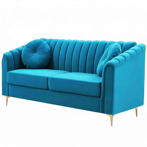 Image of FURNY Dorino 2 Seater Fabric Sofa Set (Aqua Blue) Premium Velvet Finish Durable & Comfortable Ideal for Living Room