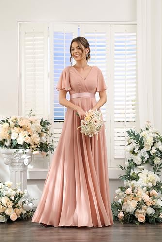Short Sleeve Bridesmaid Dress for Women V Neck Long Formal Evening Dress with Pocket AU1493