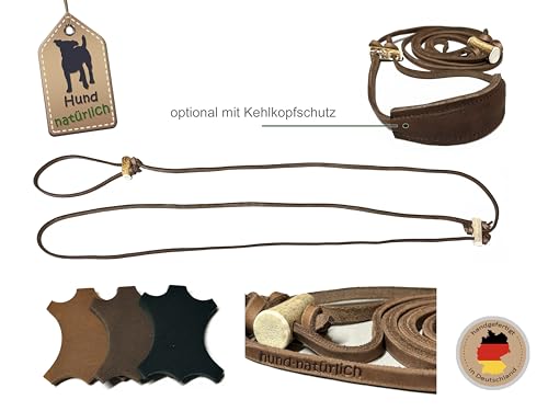 Lautlose Jagdleine aus Fettleder mit hochwertigen Horn Riemenführungen braun mit Kehlkopfschutz