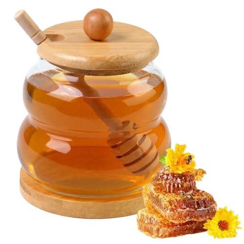 Kaiyzo Honey Jar with Lid and Dipper Transparent Honey Pot Glass Honey Dispenser for Serving Honey and Syrup for Home Kitchen (330 Millilitres)
