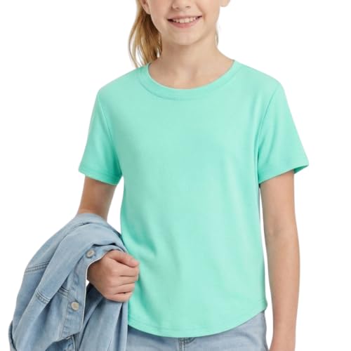 Image of WELAKEN Girls Soft T-Shirt with Curved Hem, Breathable Stretchy Rayon Crewneck Short Sleeve Tees, Kids Everyday Basic Top