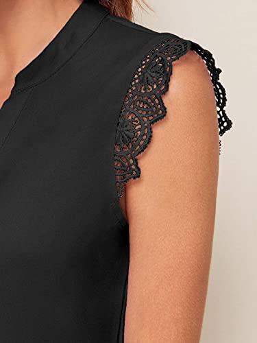 Milumia Women's Elegant Notch Neck Sleeveless Blouse Guipure Lace Work Office Solid Top Black Large #TOP4