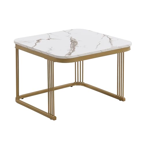 ModernLuxe 2-in-1 MDF Coffee Tables for Living Room, Square Coffee Table with High Gloss Marble Exterior, Gold Accents, Side Table with Drawer, Modern Nest of Tables for Saving Space, White - Image 8