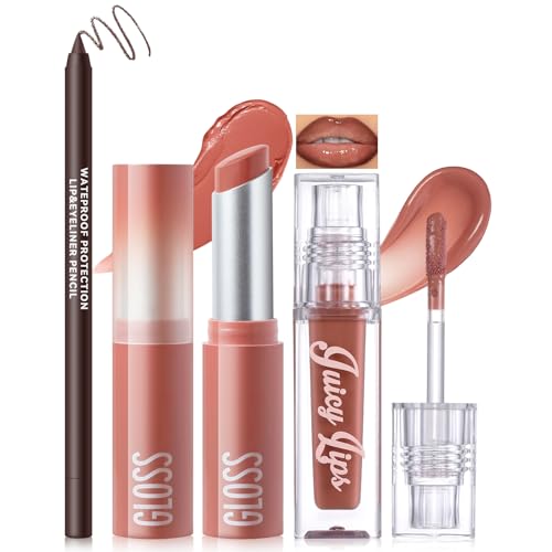 Noerrors 3Pcs Lip Combo Set Lip Kit with Brown Plumping Lip Liner & Nourishing Lipstick & Nude Glossy Lip Gloss Long-Lasting Lightweight Non-Sticky Juicy Nude Pink Lip Contour Trio Set for Women