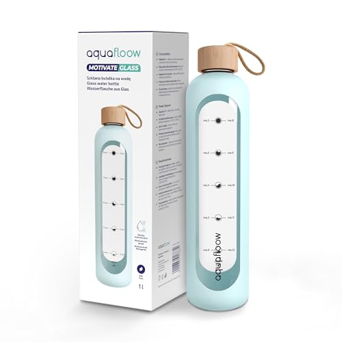 Aquafloow Botella de agua 1L de vidrio, Botella con Marcas de Tiempo, tapa de bambú hermética, funda de silicona vdeporte, oficina, gimnasio universidad y viaje- Azul claro