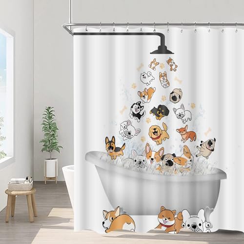 Cute Raining Dogs Shower Curtain,Funny Dog Cartoon Corgi Kids Shower Curtains Hilarious Cute Animal Pets Playing Water Design Paw Pattern Children Bath Curtain Waterproof Fabric with Hooks,60''x72'' by Canessioa - Image 5