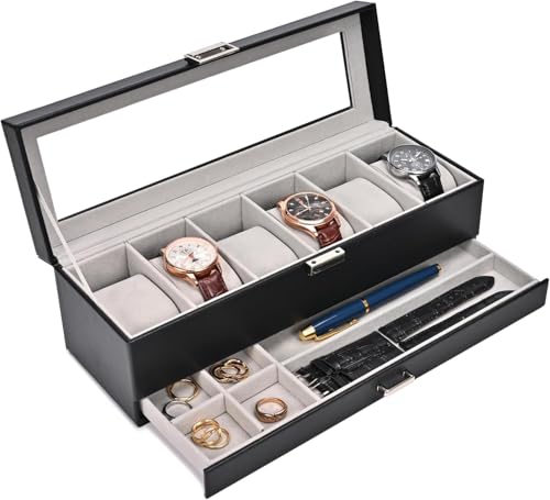 ProCase Uhrenbox mit 6 Fächern，Uhrenkasten mit Glasdeckel, 2 Ebenen, Uhrenkoffer mit herausnehmbaren Uhrenkissen, Uhrenschatulle für Schmuck, Ringe, Armbänder und Halsketten -Schwarz