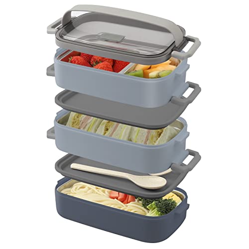 OITUGG Lunch Box 3-Couches - 2.25L Bento Lunch Box avec compartimentée - acier inoxydable Inner Lunchbox avec Fourchette Cuillère - 4-compartimentée Bento Box pour Hommes Femmes - Micro ondable Cover